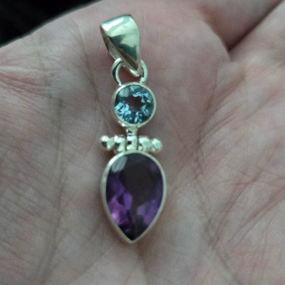 Sterling Silver Faceted Blue Topaz and Amethyst Pendant - Natural Gemstones